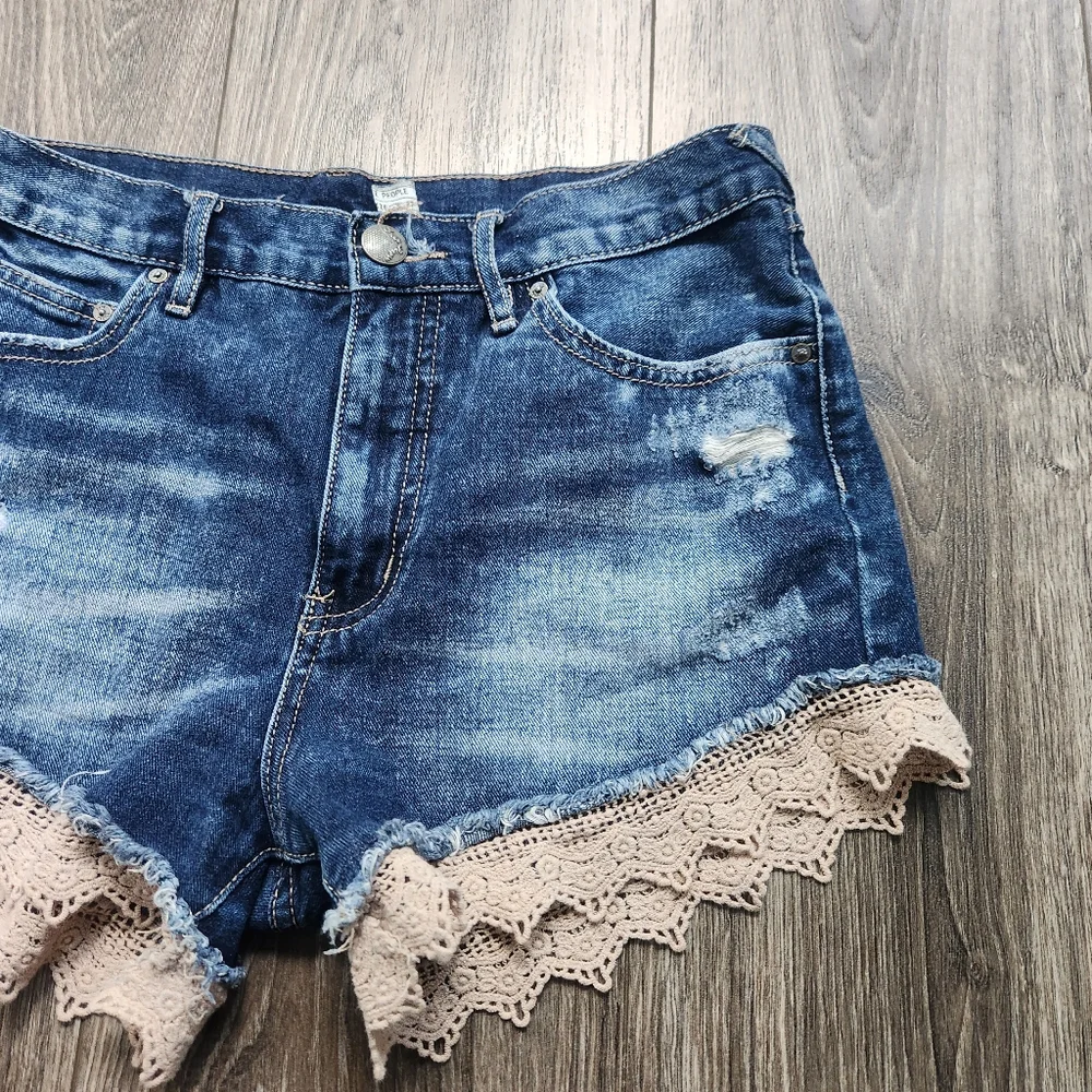 Free People Lacey Lace High Rise Denim Distressed Shorts 27